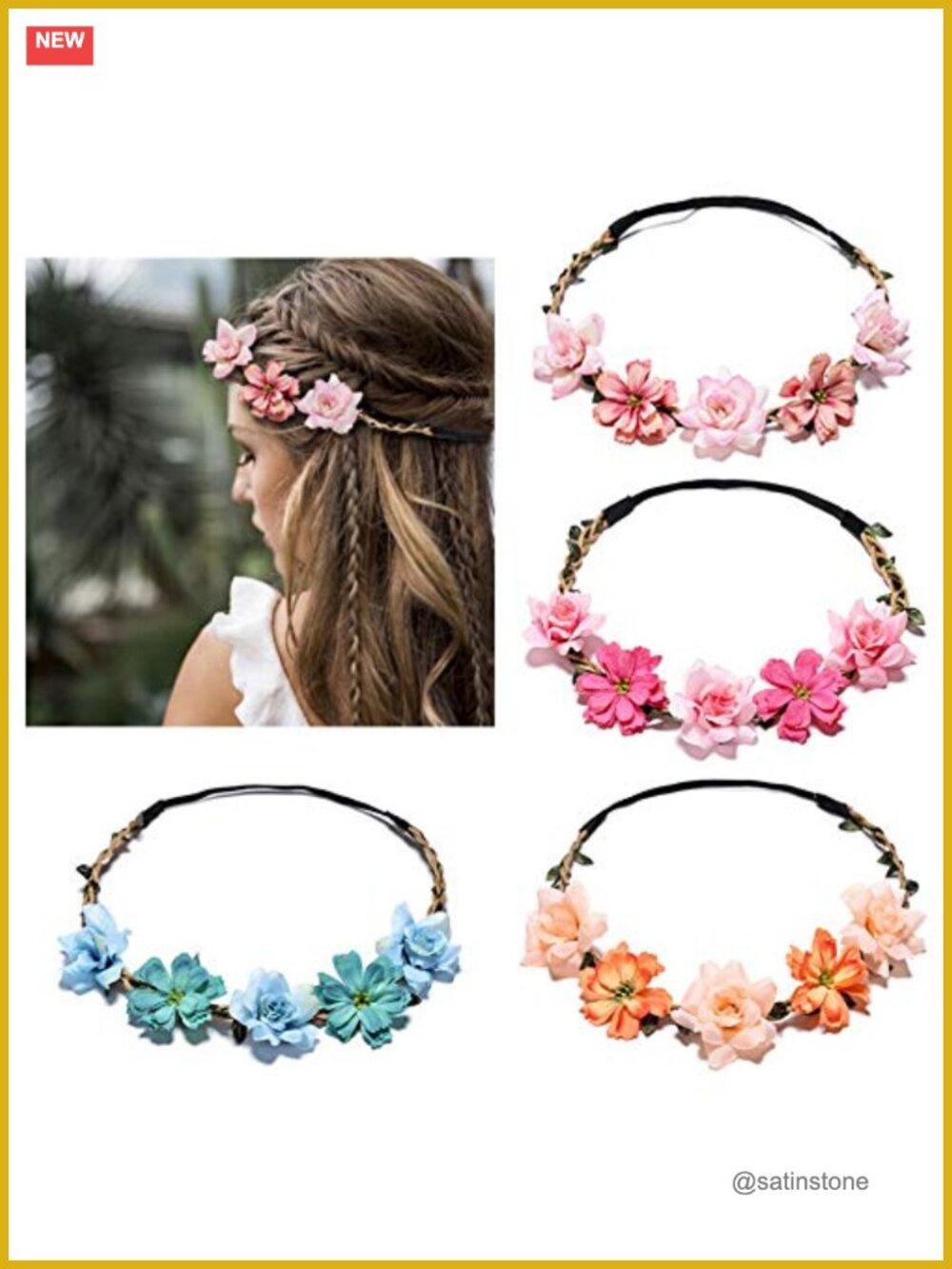 6 Pack Flower Crown Headbands Elastic Ribbon Bridal Party Wedding